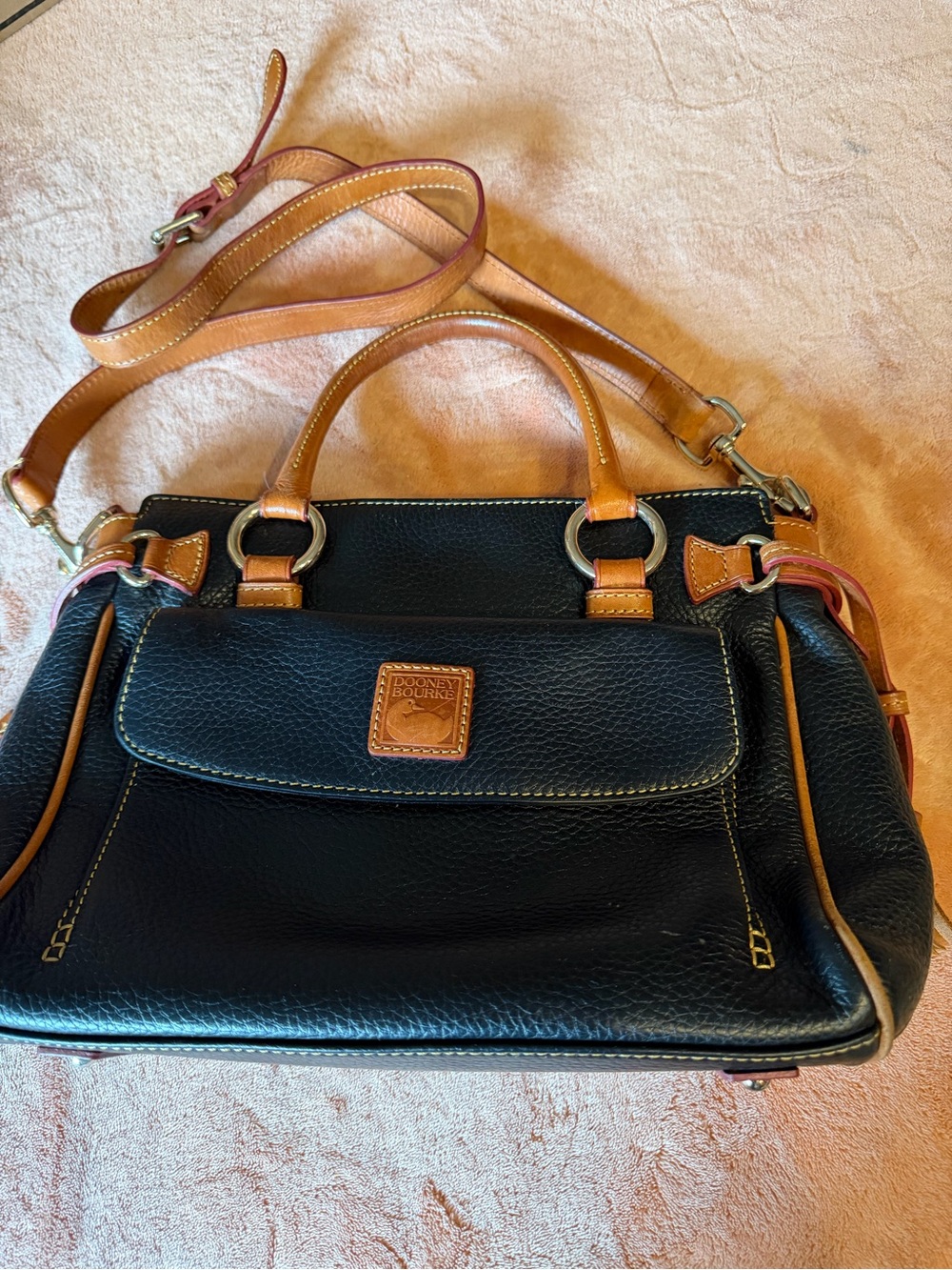 Dooney & Bourke Black Leather Satchel with Brown Trim and Tan Handles